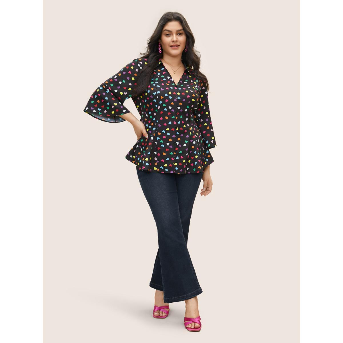 Plus Size Black Colour Heart Print Bell Sleeve Blouse Women Elegant Elbow-length sleeve Shirt collar Everyday Blouses BloomChic 14-16/1X Product Image