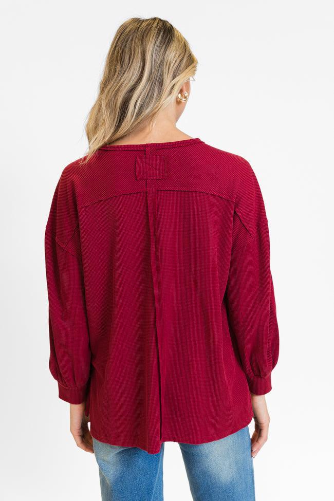 Sending Love Burgundy Oversized Waffle V-Neck Top FINAL SALE Product Image