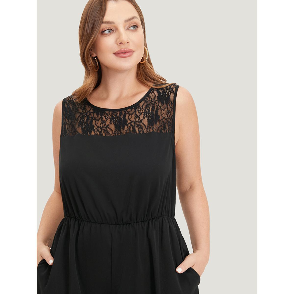 Plus Size Black Solid Lace Mesh Pocket Sleeveless Jumpsuit Women Elegant Sleeveless Round Neck Dailywear Loose Jumpsuits BloomChic 12/L Product Image
