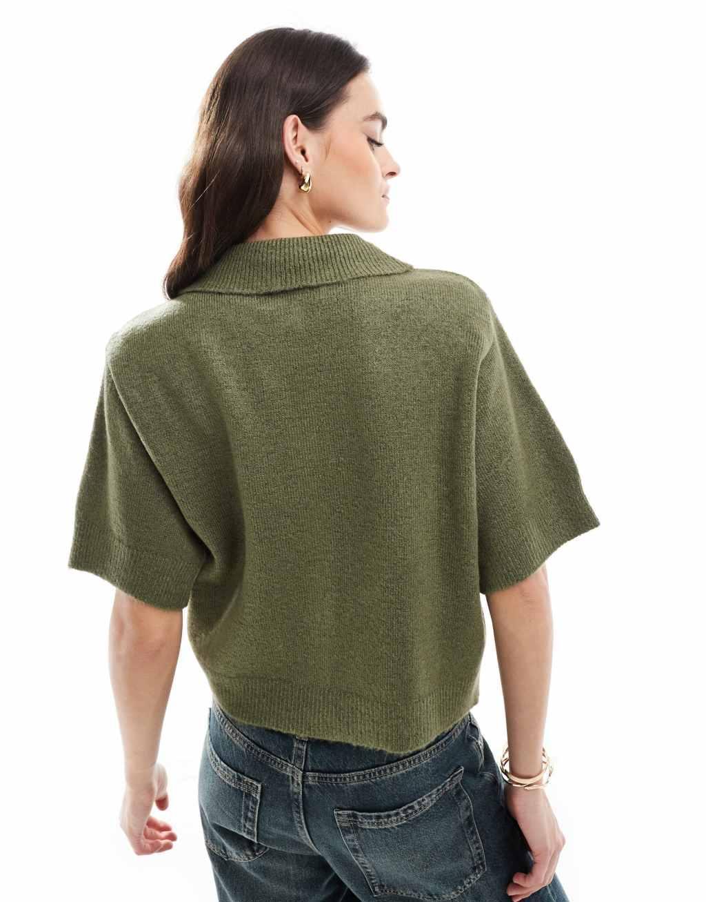 ASOS DESIGN knitted short sleeve shirt cardigan in khaki Product Image