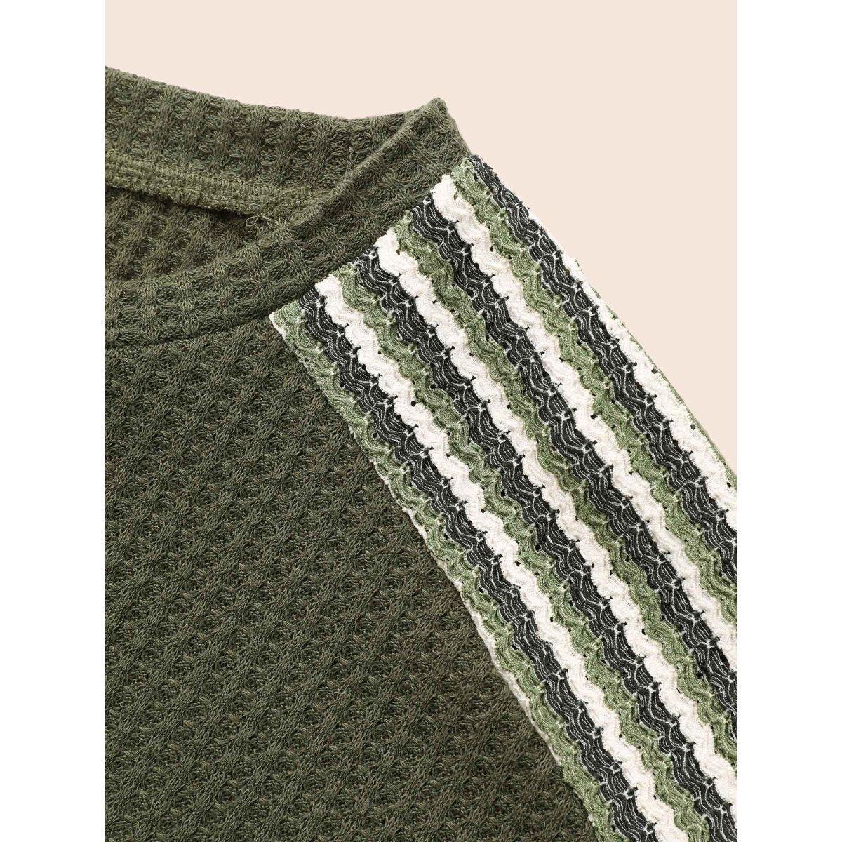 Plus Size Striped Waffle Knit Patchwork T-shirt ArmyGreen Women Casual Texture Round Neck Everyday T-shirts BloomChic 10/M Product Image