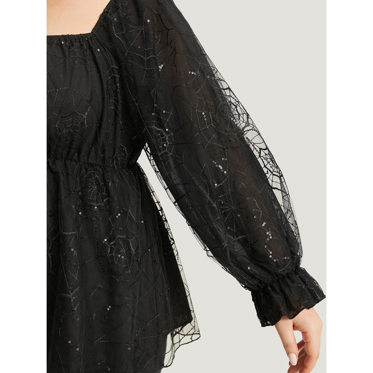 Plus Size Black Halloween Square Neck Spider Web Crochet Lace Mesh Blouse Women Glamour Long Sleeve Square Neck Festival-Halloween Blouses BloomChic 10/M Product Image