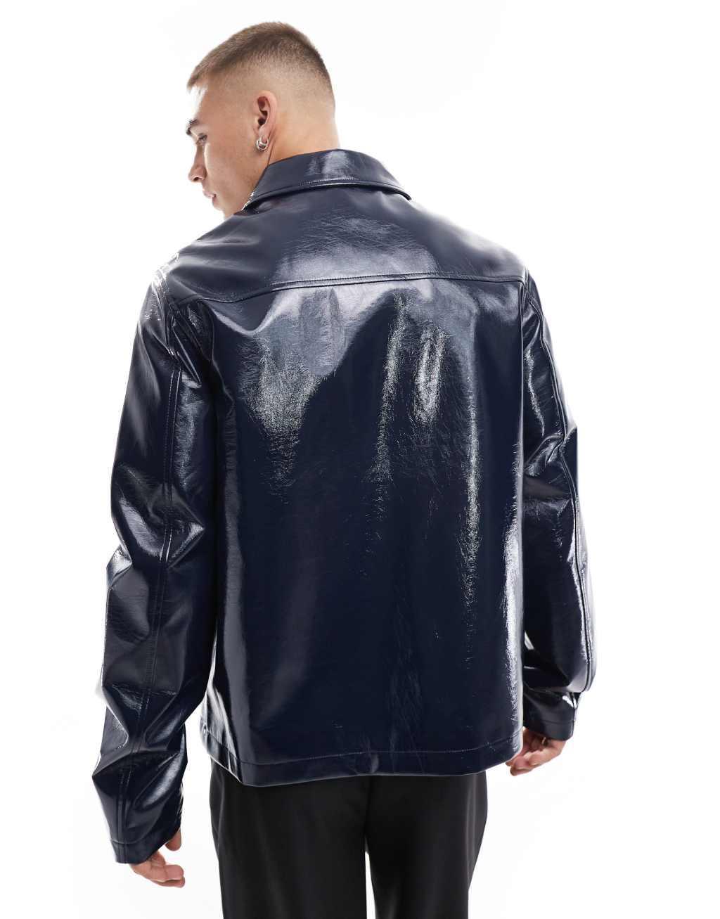 ASOS DESIGN faux leather hi-shine harrington jacket with embroidery in navy Product Image