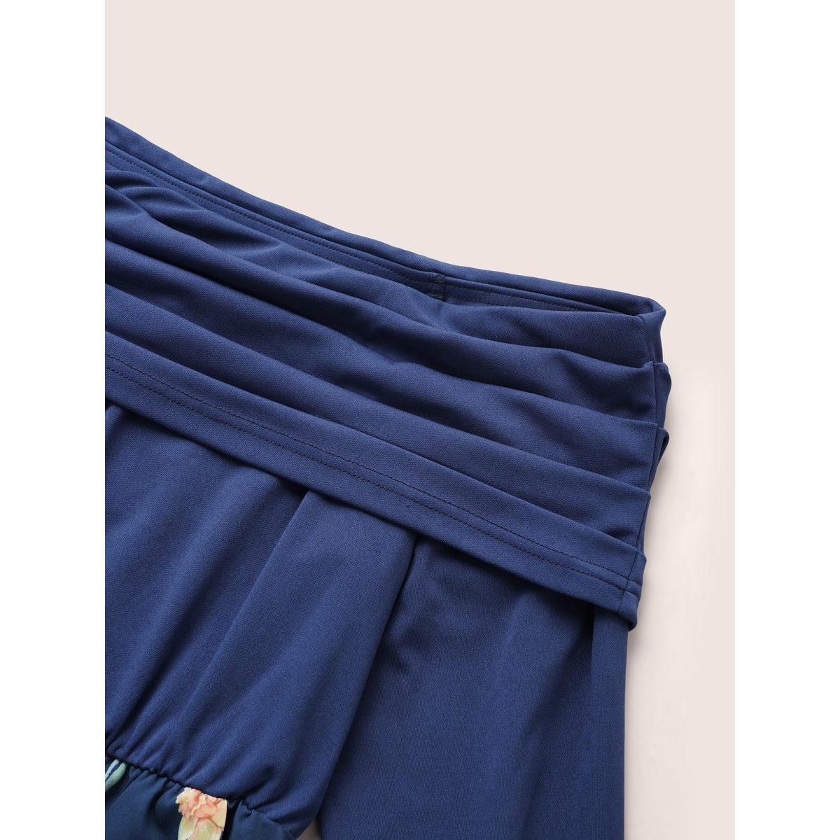 Plus Size Indigo Off Shoulder Floral Patchwork Ruched Belted Jumpsuit Women Elegant Long Sleeve One-shoulder neck Everyday Loose Jumpsuits BloomChic 22-24/3X Product Image