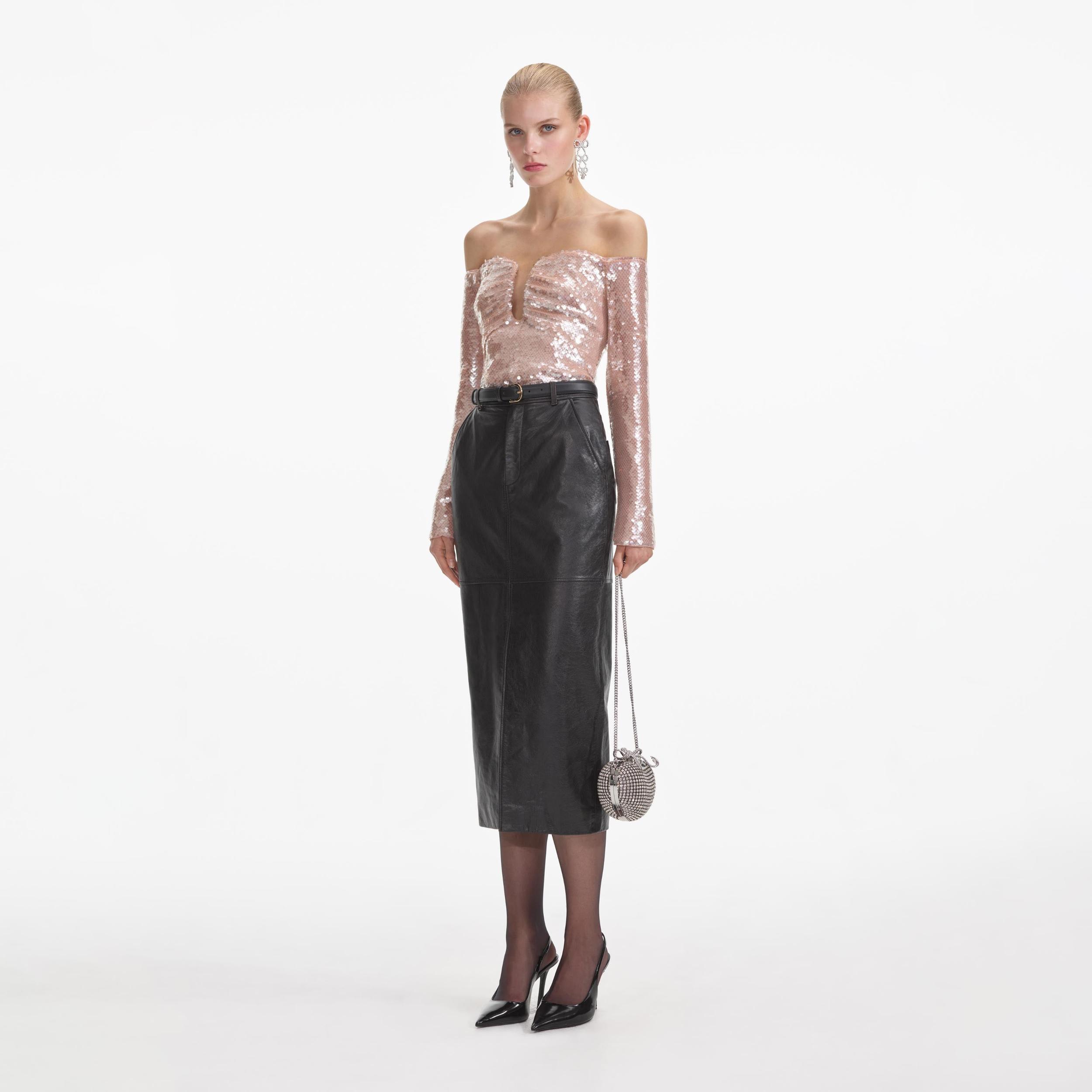 Black Leather Midi Skirt Product Image