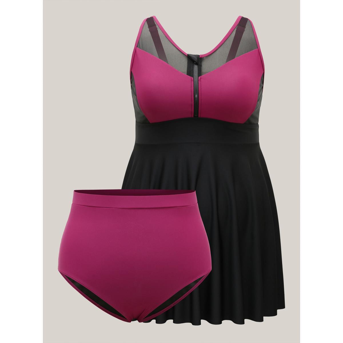Plus Size Glide Lock Zipper Color Contrast Swim Dress Women's Swimwear RedViolet Beach Bodycon U-neck High stretch Curve Swim Dresses BloomChic 10/M Product Image