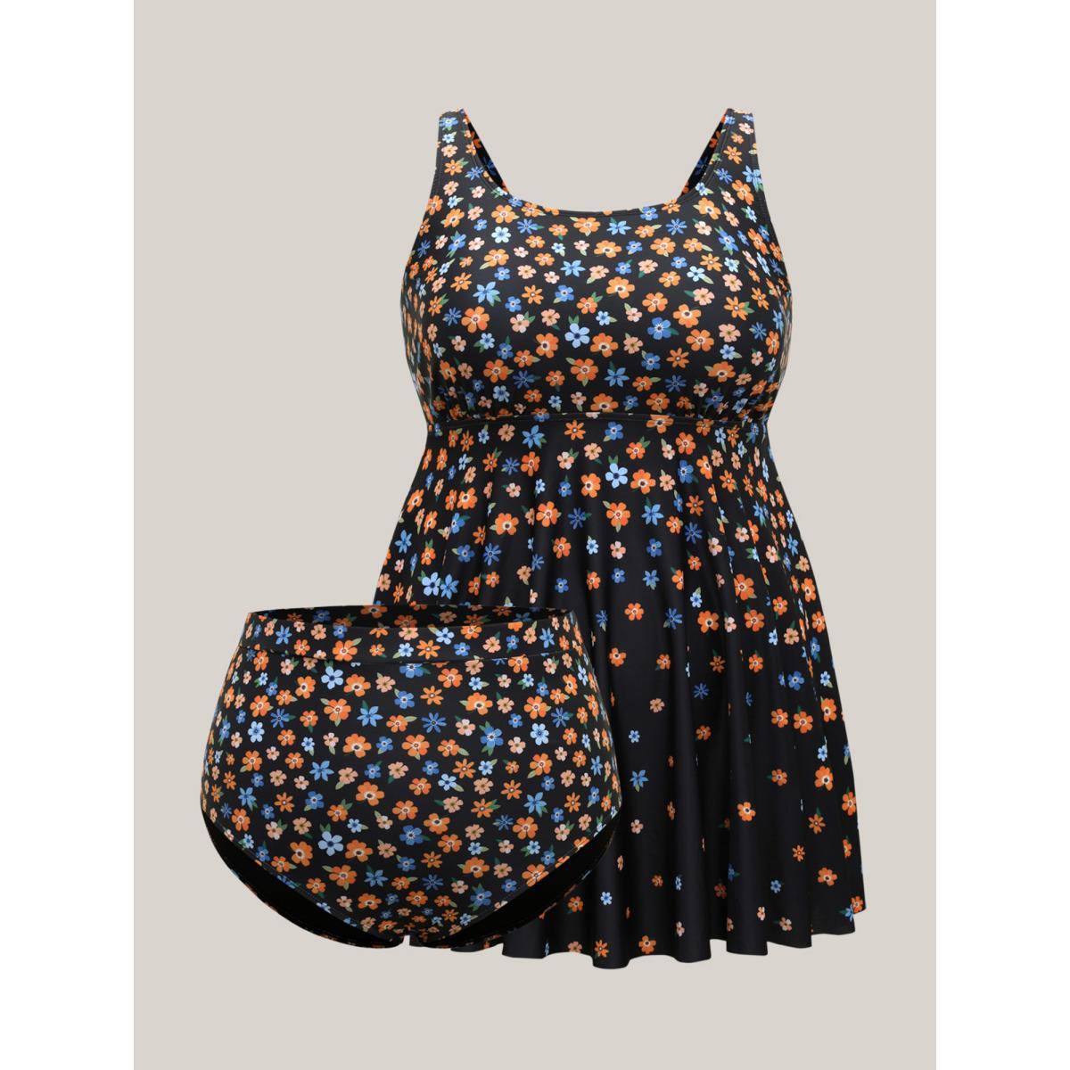 Plus Size Colorful Floral Print Adjustable Swim Dress Women's Swimwear Black Beach Bodycon U-neck High stretch Curve Swim Dresses BloomChic 12/L Product Image