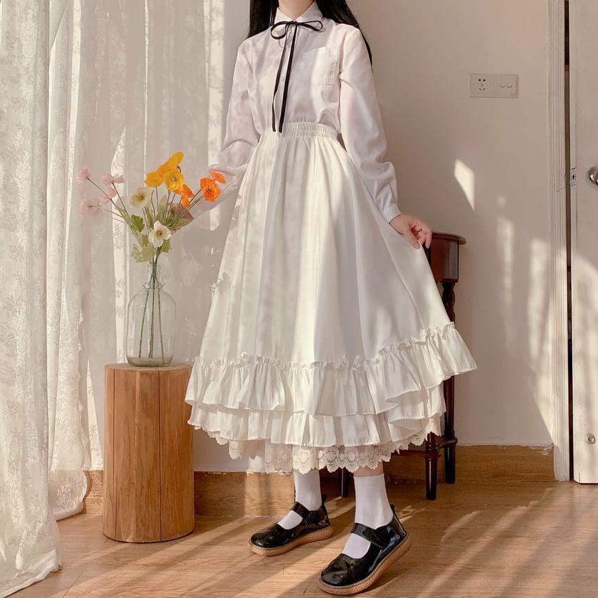 High Waist Plain Lace Ruffle Midi A-Line Skirt / Petticoat Product Image