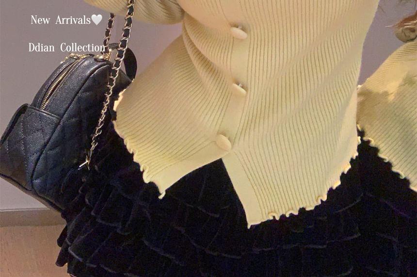 Long-Sleeve Boat Neck Lettuce Edge Ribbed Button Knit Top Product Image