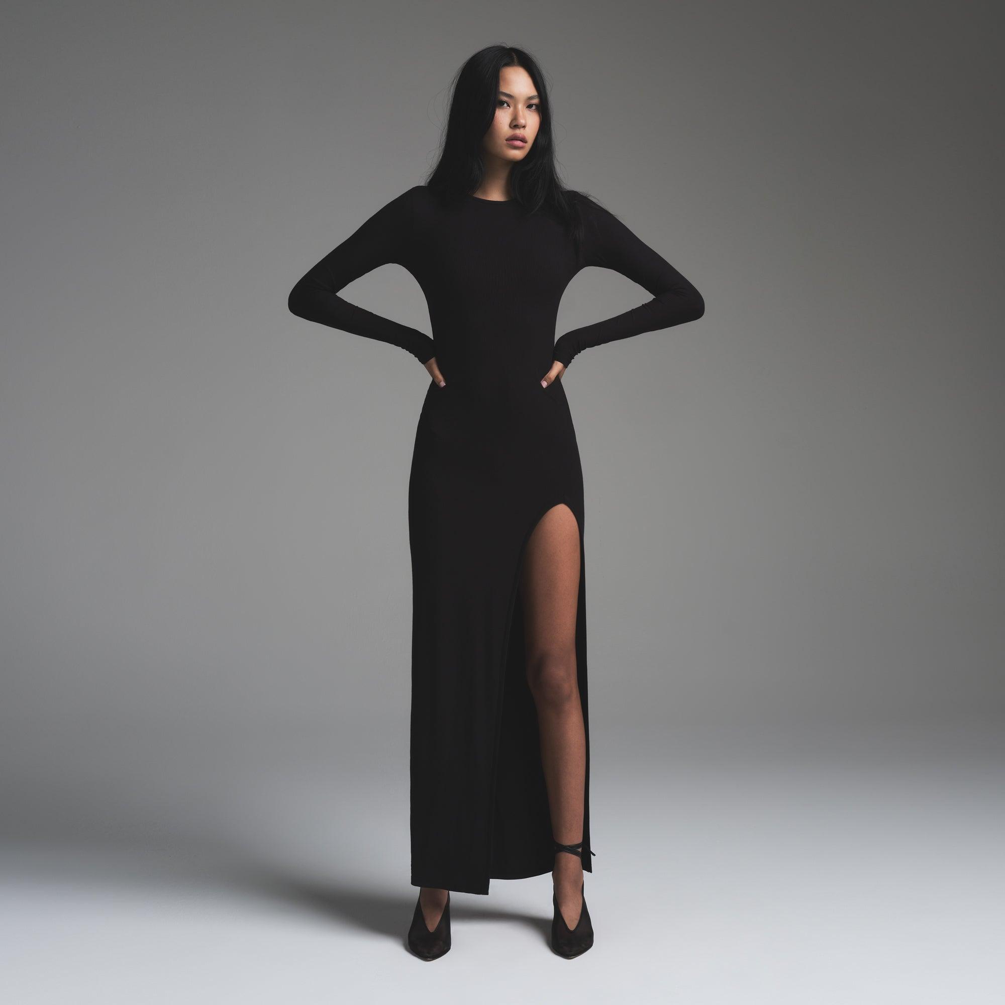 SOFT LOUNGE LONG SLEEVE SLIT DRESS | ONYX Product Image