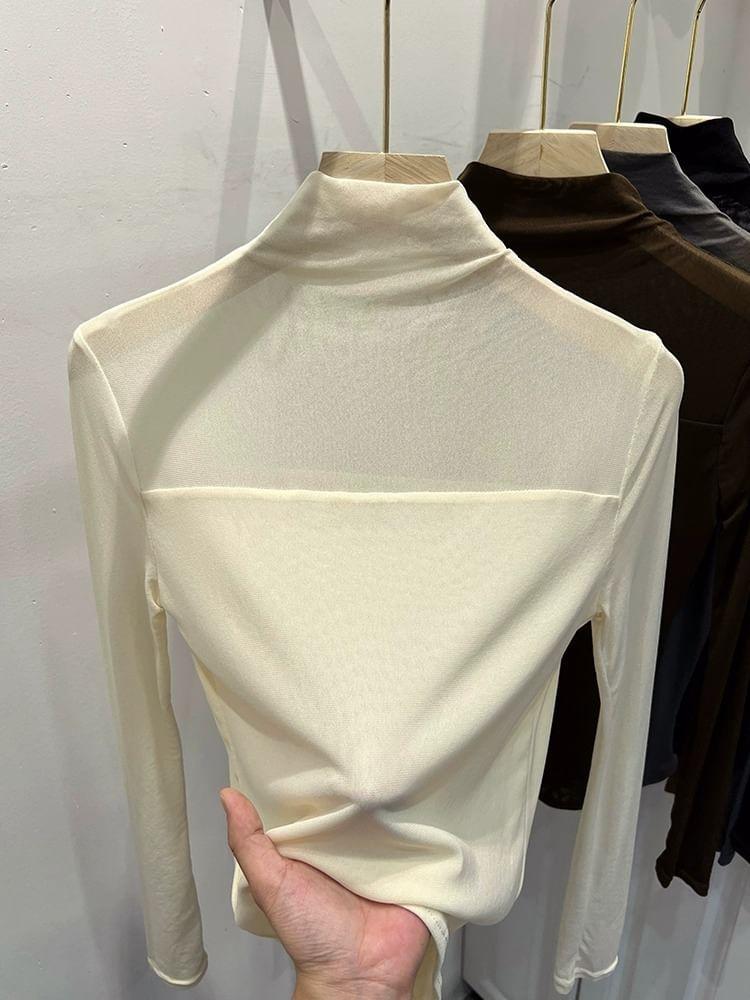 Long-Sleeve Turtleneck Plain Mesh Panel Slim Fit Top Product Image