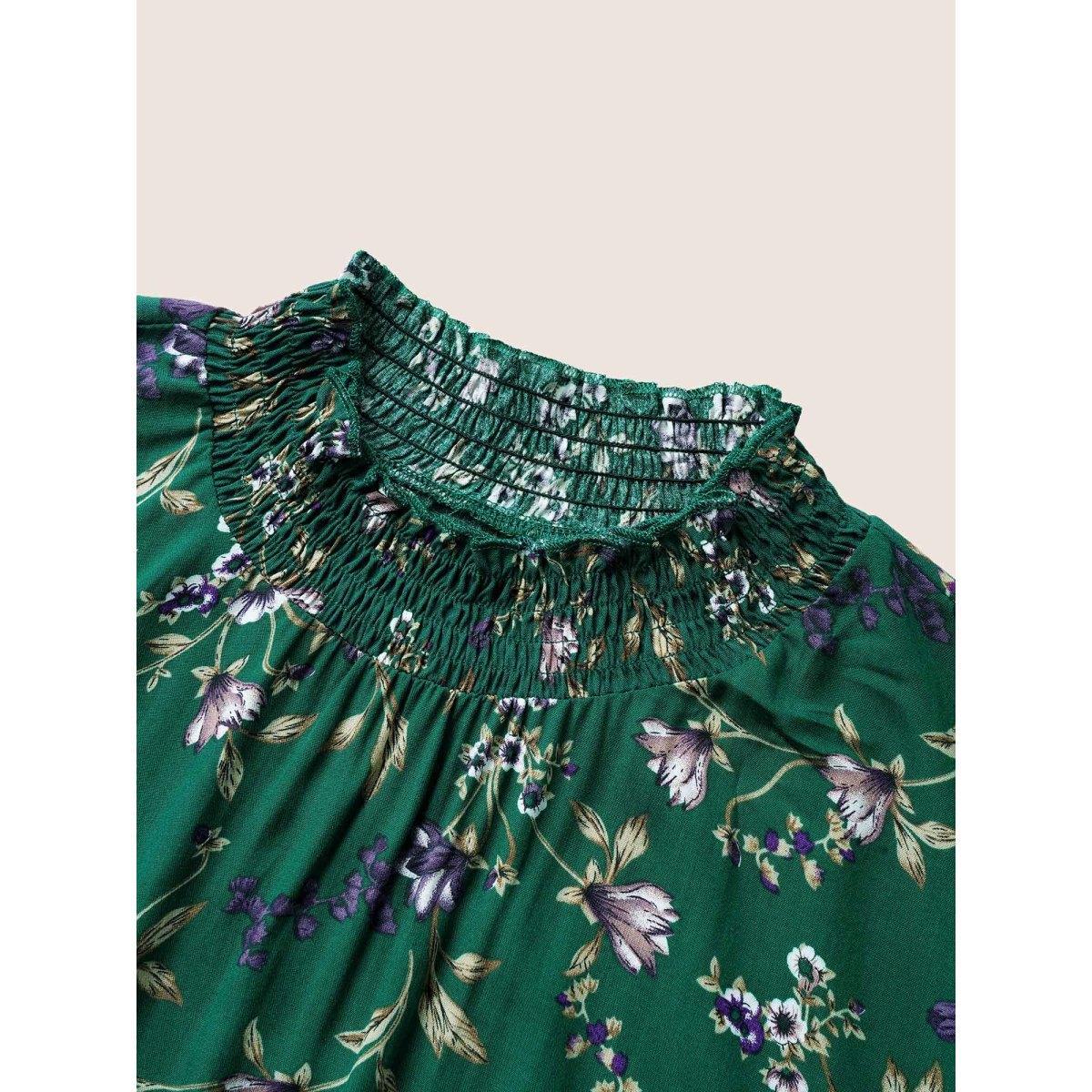 Plus Size DarkGreen Floral Lantern Sleeve Shirred Mock Neck Blouse Women Elegant Long Sleeve Mock Neck Everyday Blouses BloomChic 14-16/1X Product Image