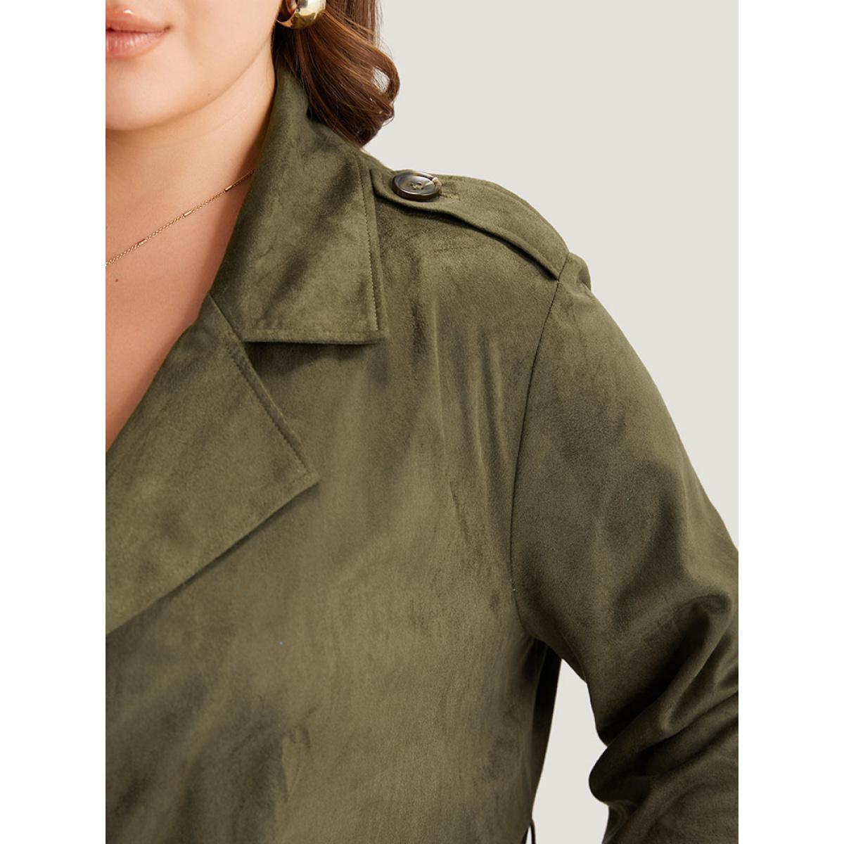 Plus Size Plain Lapel Collar Pocket Belted Faux Suede Coat Women ArmyGreen Casual Plain Ladies Dailywear Winter Coats BloomChic 12/L Product Image
