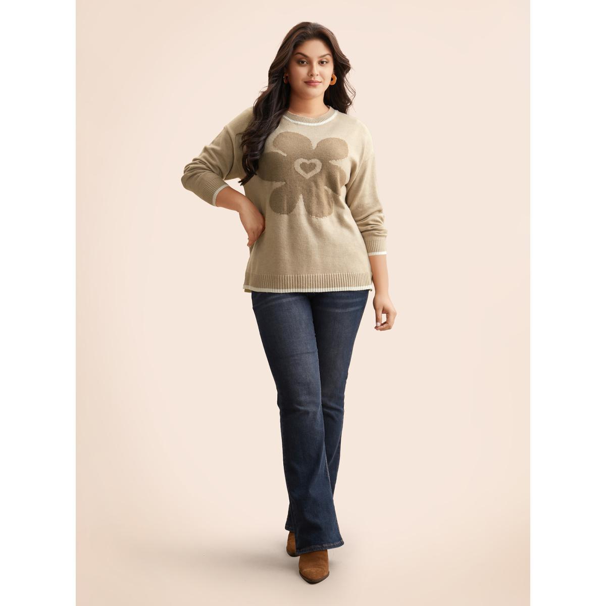 Plus Size Floral Jacquard Contrast Trim Slit Hem Pullover LightBrown Women Casual Long Sleeve Round Neck Everyday Pullovers BloomChic 26/4X Product Image