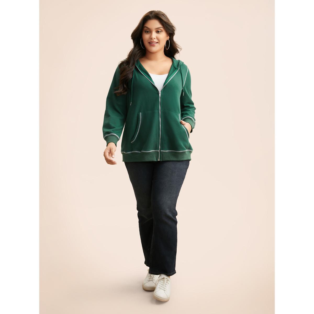 Plus Size Contrast Stitch Hooded Drawstring Sweatshirt Women DarkGreen Casual Topstitching Loose Non Everyday Sweatshirts BloomChic 26/4X Product Image