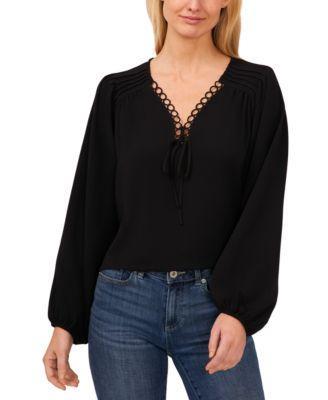 CeCe Womens Circular Trim Pin-Tuck Long Sleeve Blouse Product Image