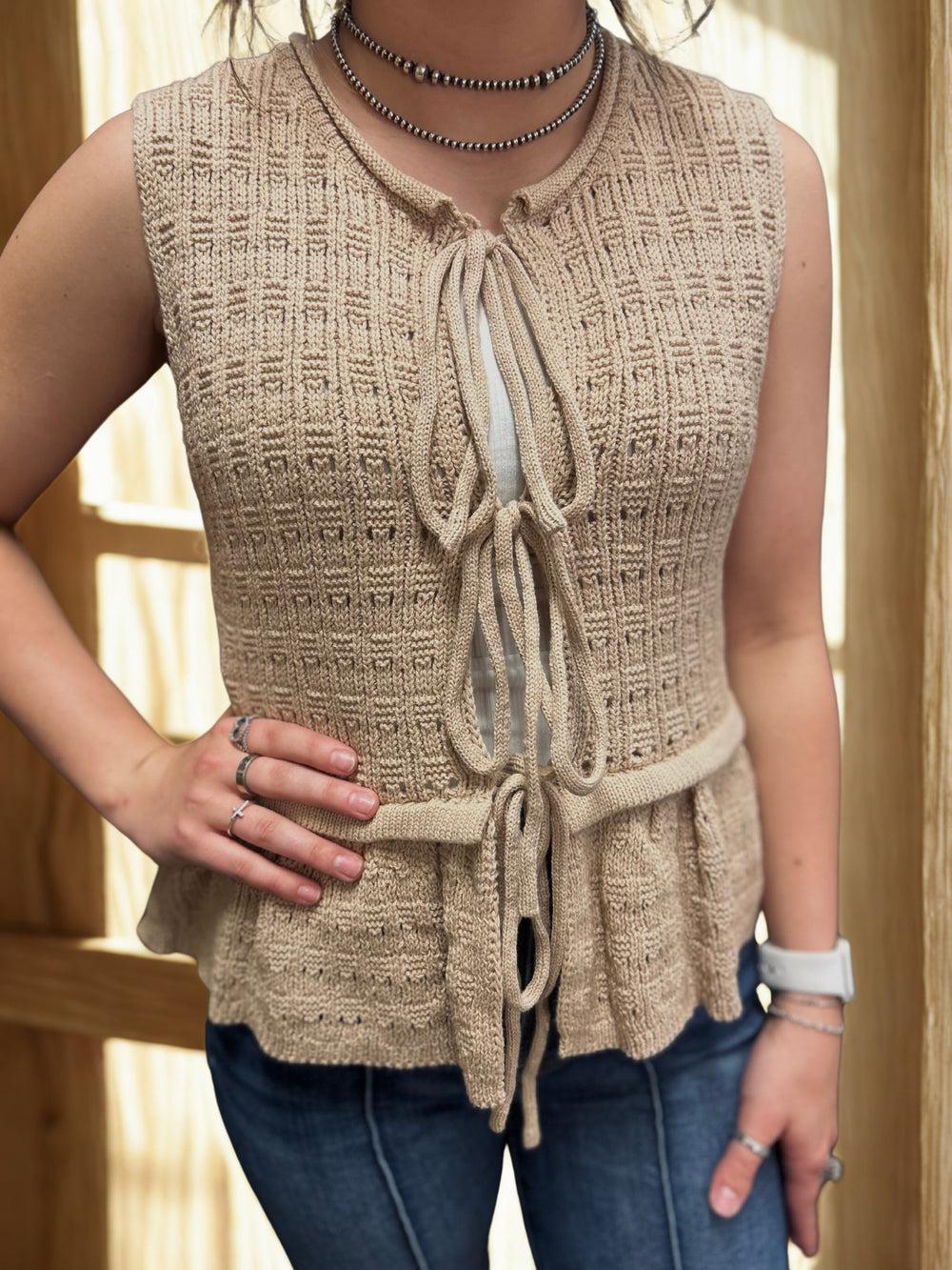 Front Tie Ruffled Hem Sweater Vest Product Image