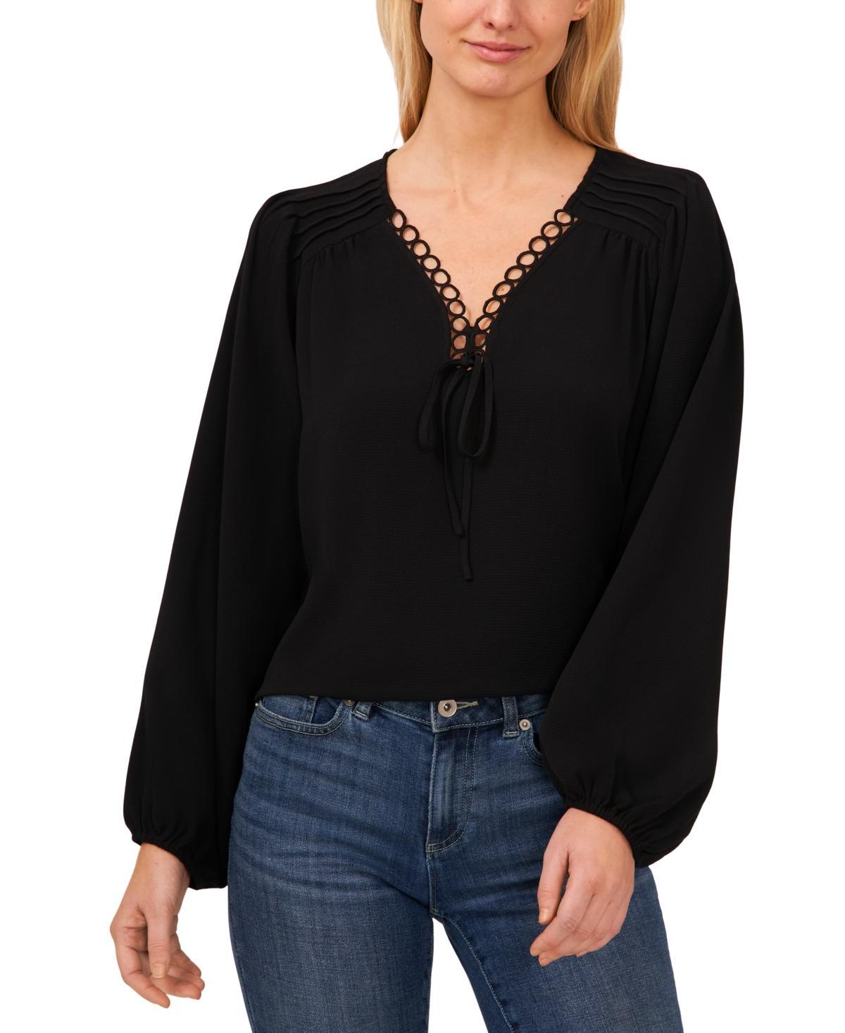CeCe Womens Circular Trim Pin-Tuck Long Sleeve Blouse Product Image