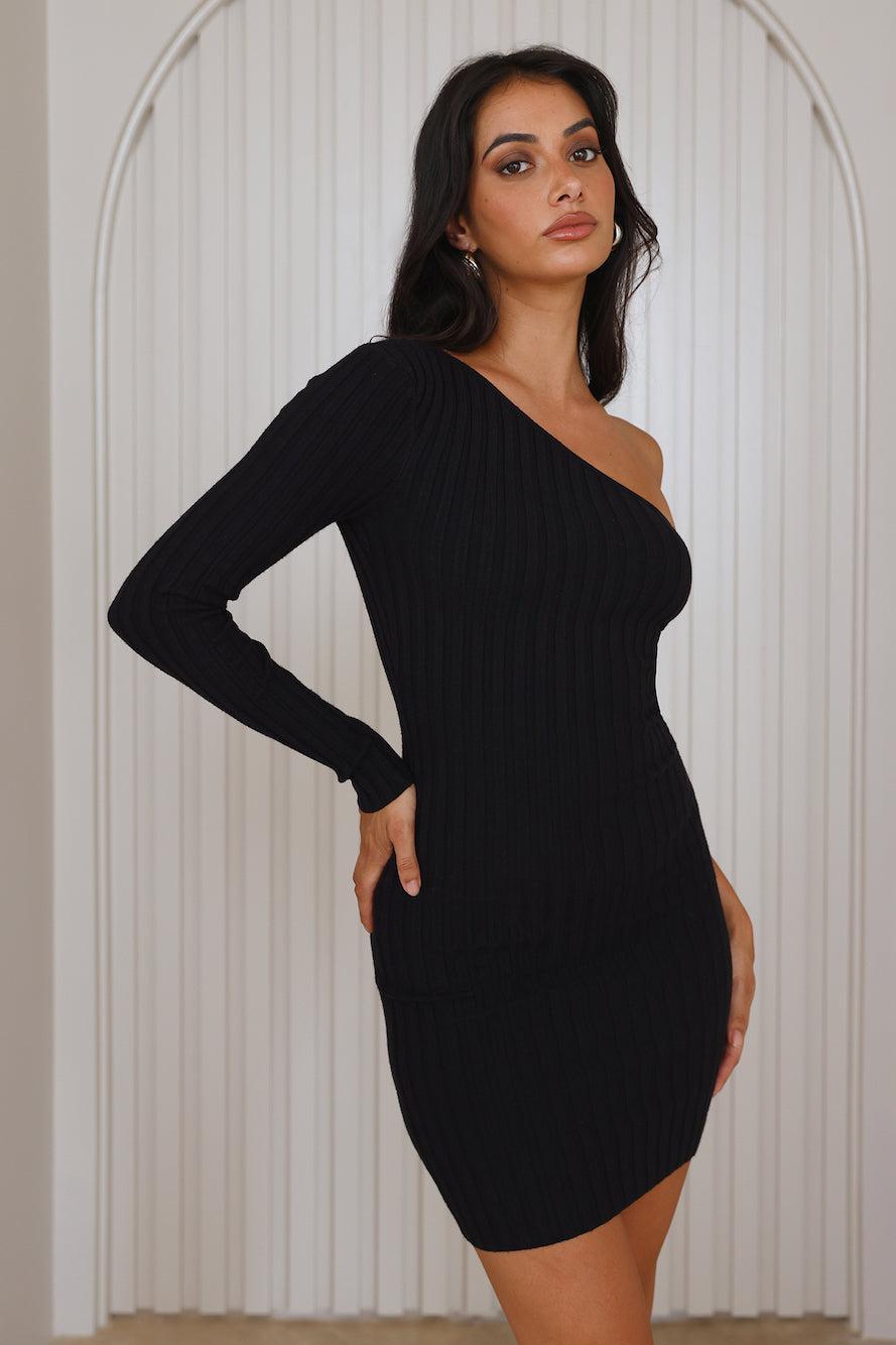 Share Stories One Shoulder Ribbed Mini Dress Black Product Image