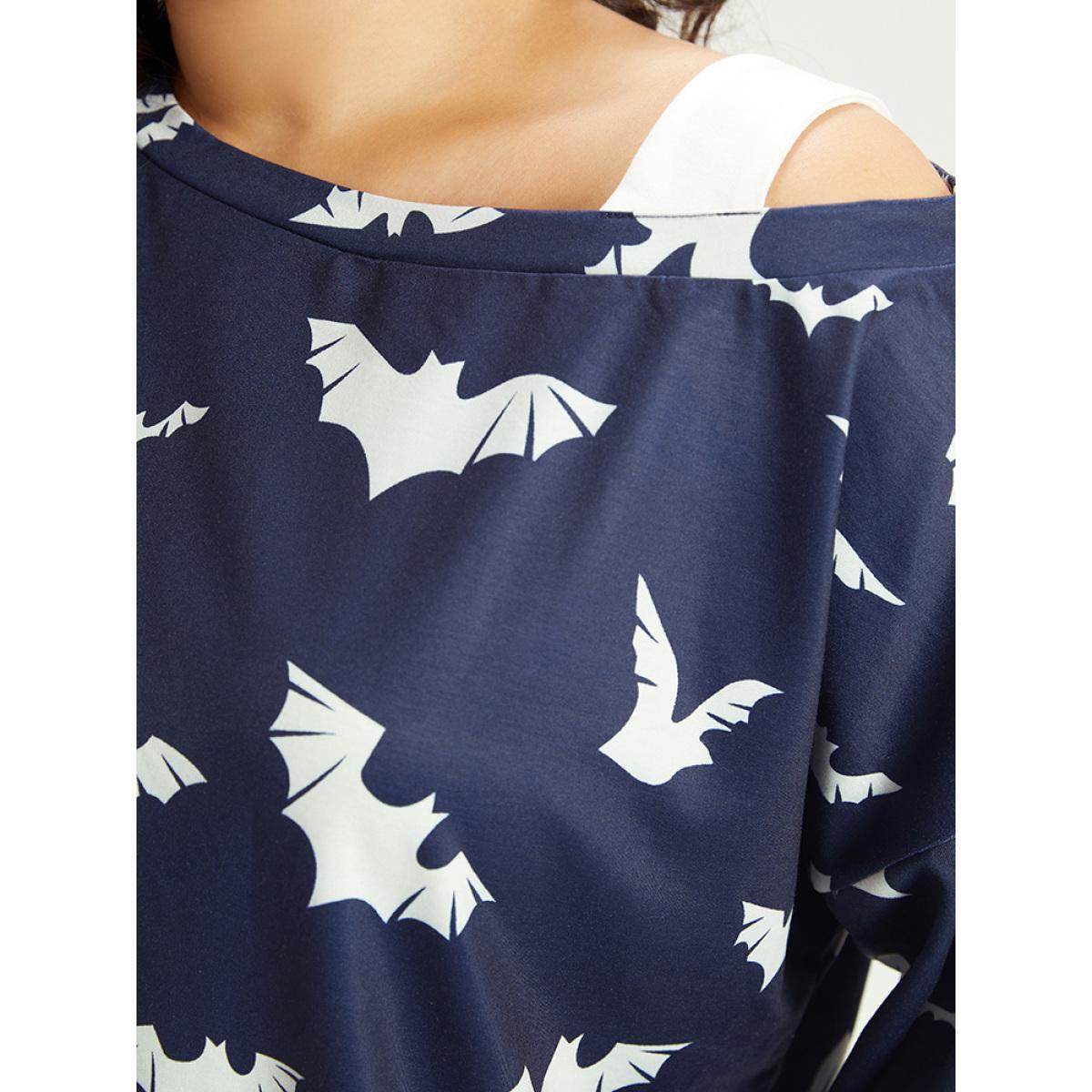 Plus Size Halloween Bat Print Elastic Cuffs Cold Shoulder Sweatshirt Women Indigo Casual Elastic cuffs Cold Shoulder Dailywear Sweatshirts BloomChic 30/6X Product Image