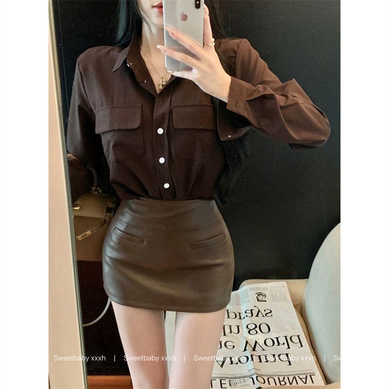 High Rise Plain Faux Leather Mini Pencil Skirt Product Image