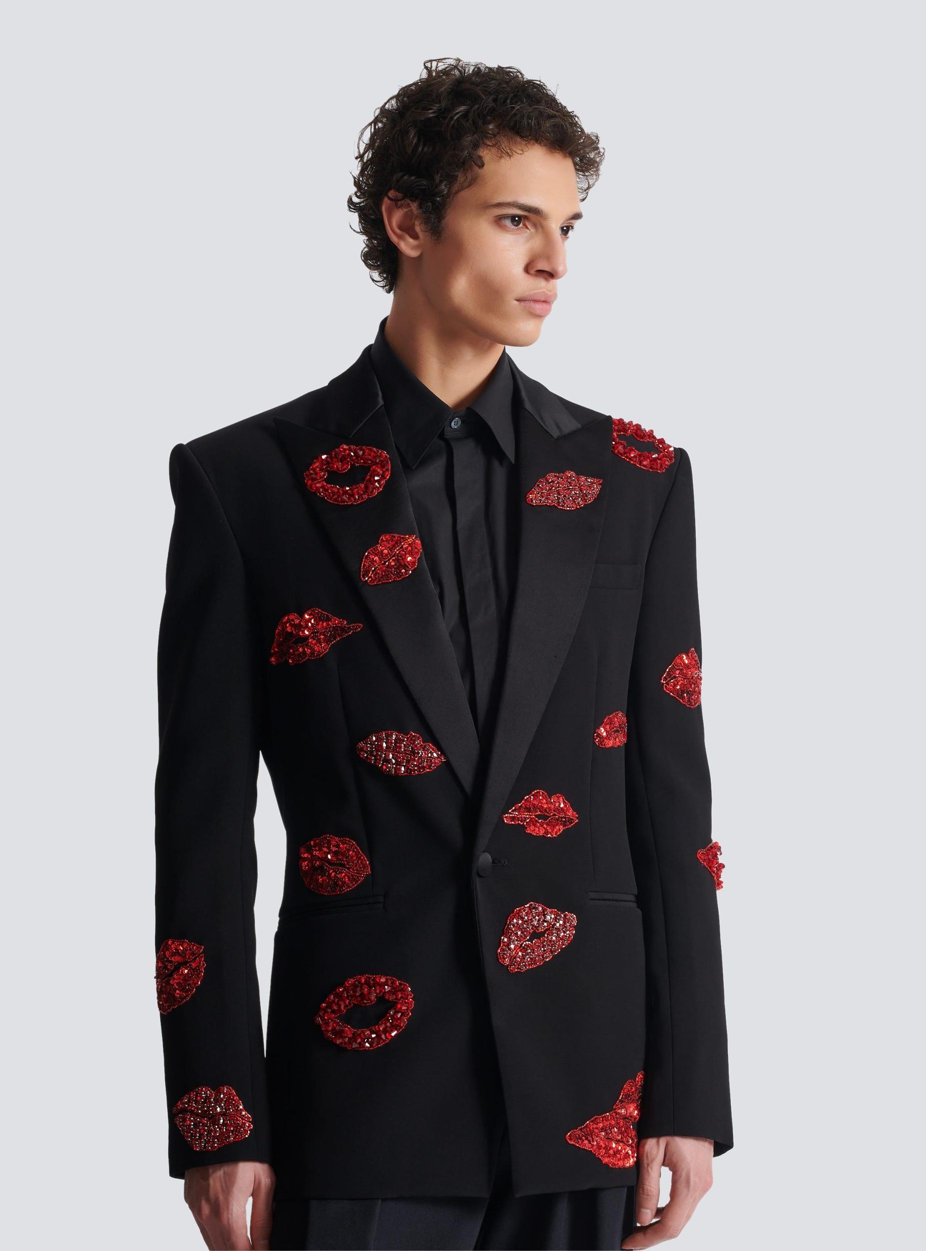 Crepe 1-button jacket with Kiss embroidery Product Image