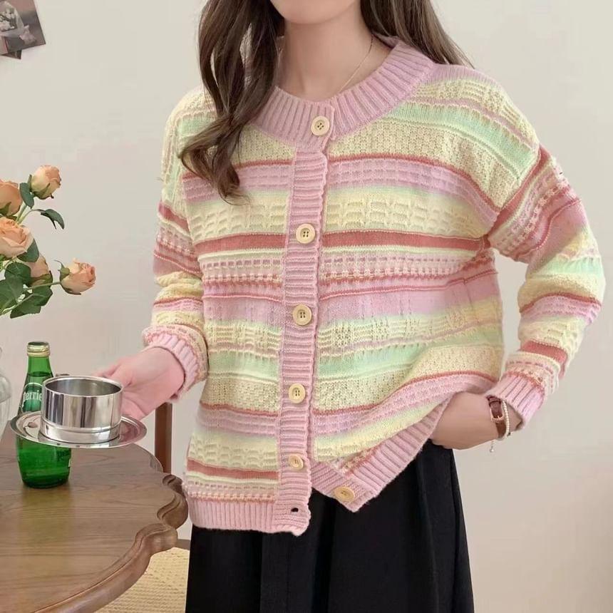 Round Neck Striped Button Up Cardigan Product Image