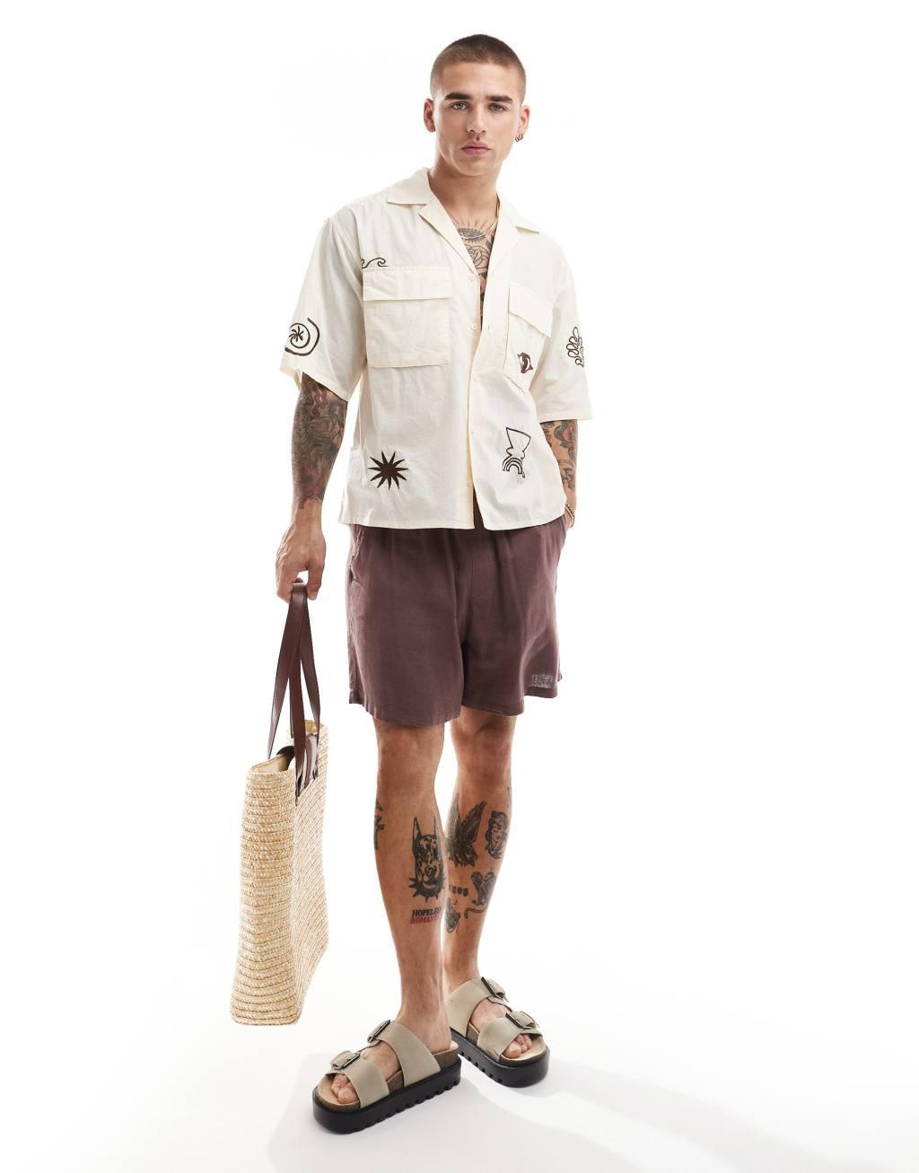 ONLY & SONS camp collar shirt with doodle print in beige Product Image