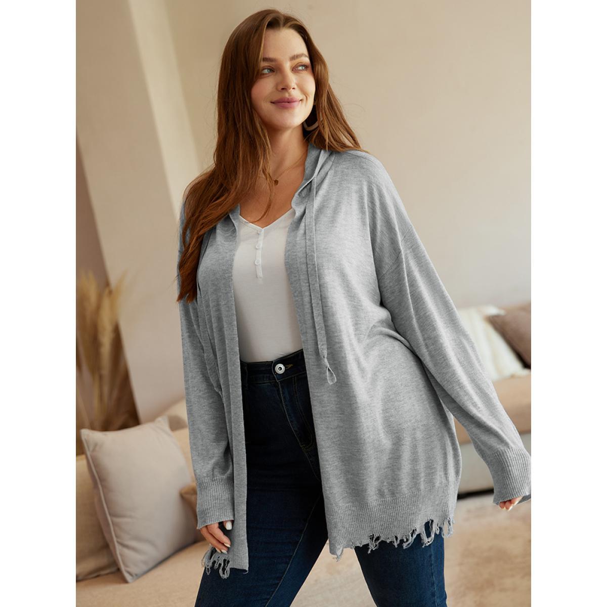 Plus Size Supersoft Essentials Solid Hooded Raw Hem Drawstring Cardigan LightGray Women Casual Loose Long Sleeve Dailywear Cardigans BloomChic 26/4X Product Image