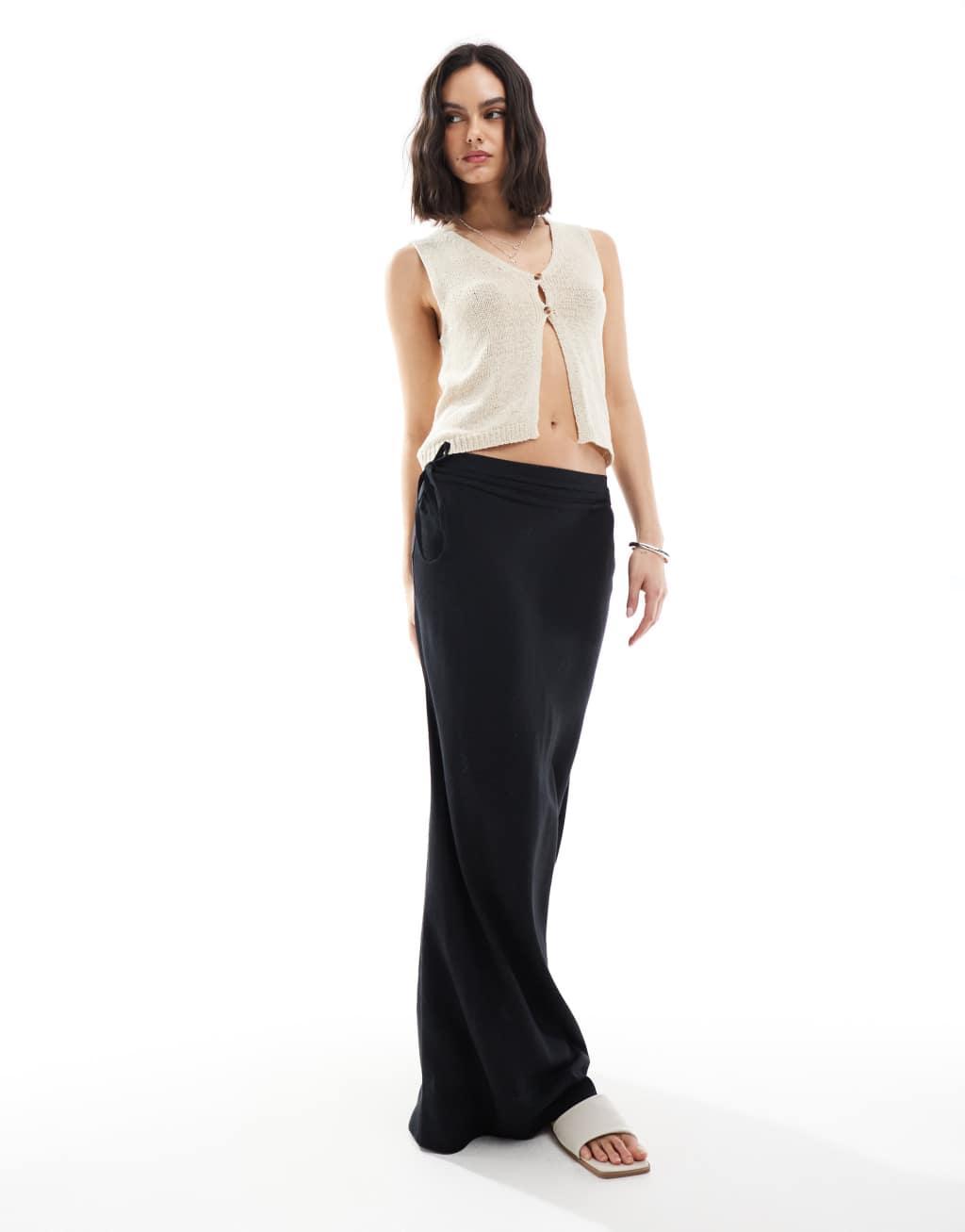 ASOS DESIGN linen blend bias maxi skirt in black Product Image