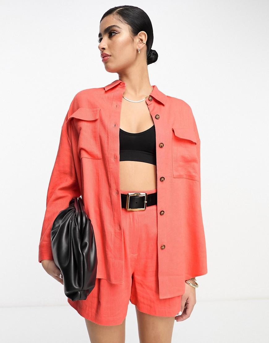 ASOS DESIGN utility suit shirt with linen in coral Product Image
