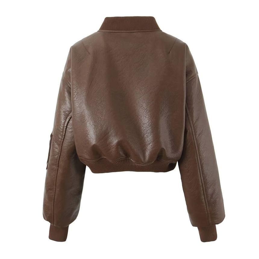 Plain Faux Leather Crop Zip Bomber Jacket Product Image