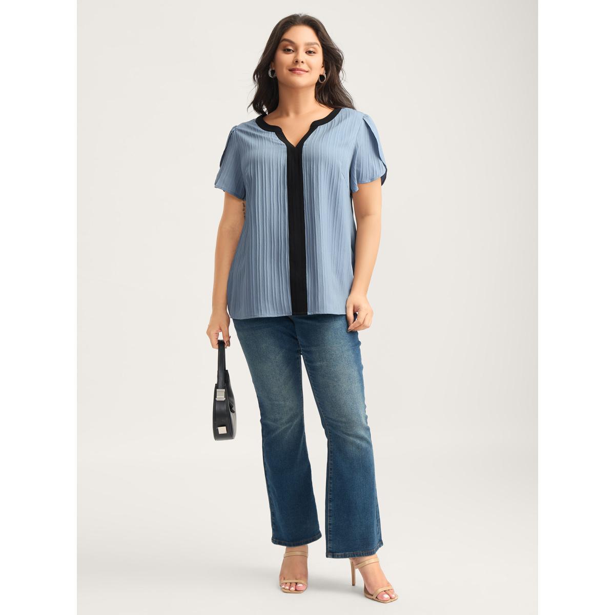Plus Size Stone Textured Color Contrast Petal Sleeve Blouse Women Short sleeve Flat collar with V-notch Work Blouses BloomChic 12/L Product Image