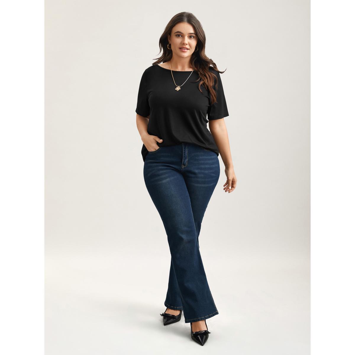 Plus Size Butterfly Back Stretchy Round Neck T-Shirt Black Women Elegant See through Round Neck Everyday T-shirts BloomChic 28/5X Product Image