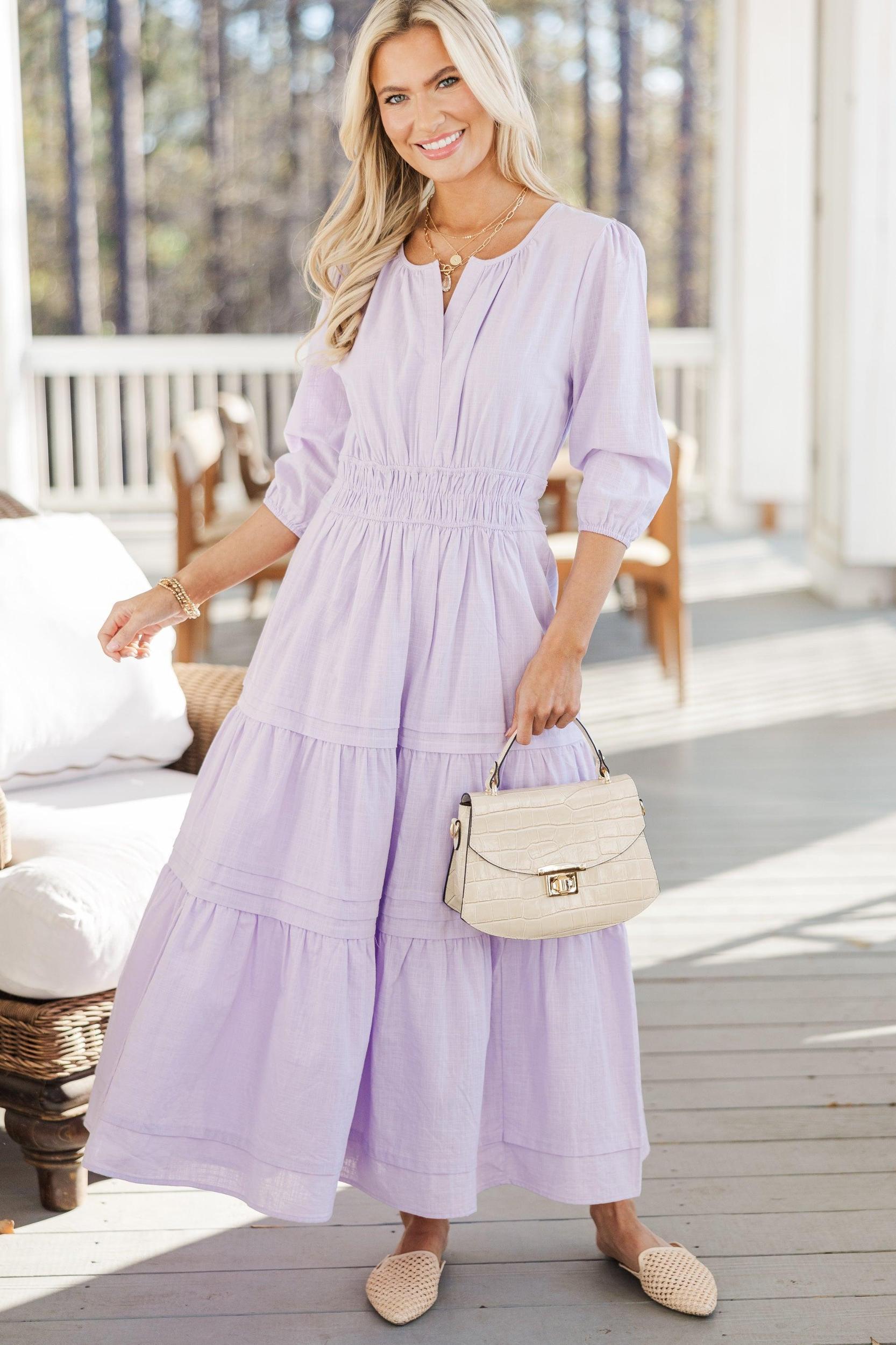 It's In The Air Lavender Purple 3/4 Sleeve Midi Dress Female Product Image