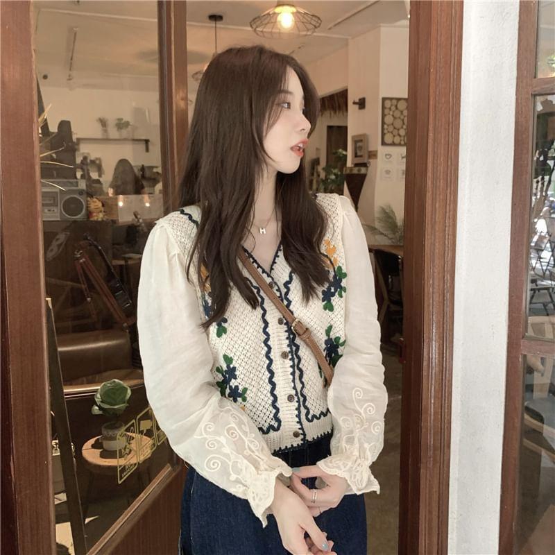 V-Neck Flower Embroidered Lace Trim Cardigan Product Image