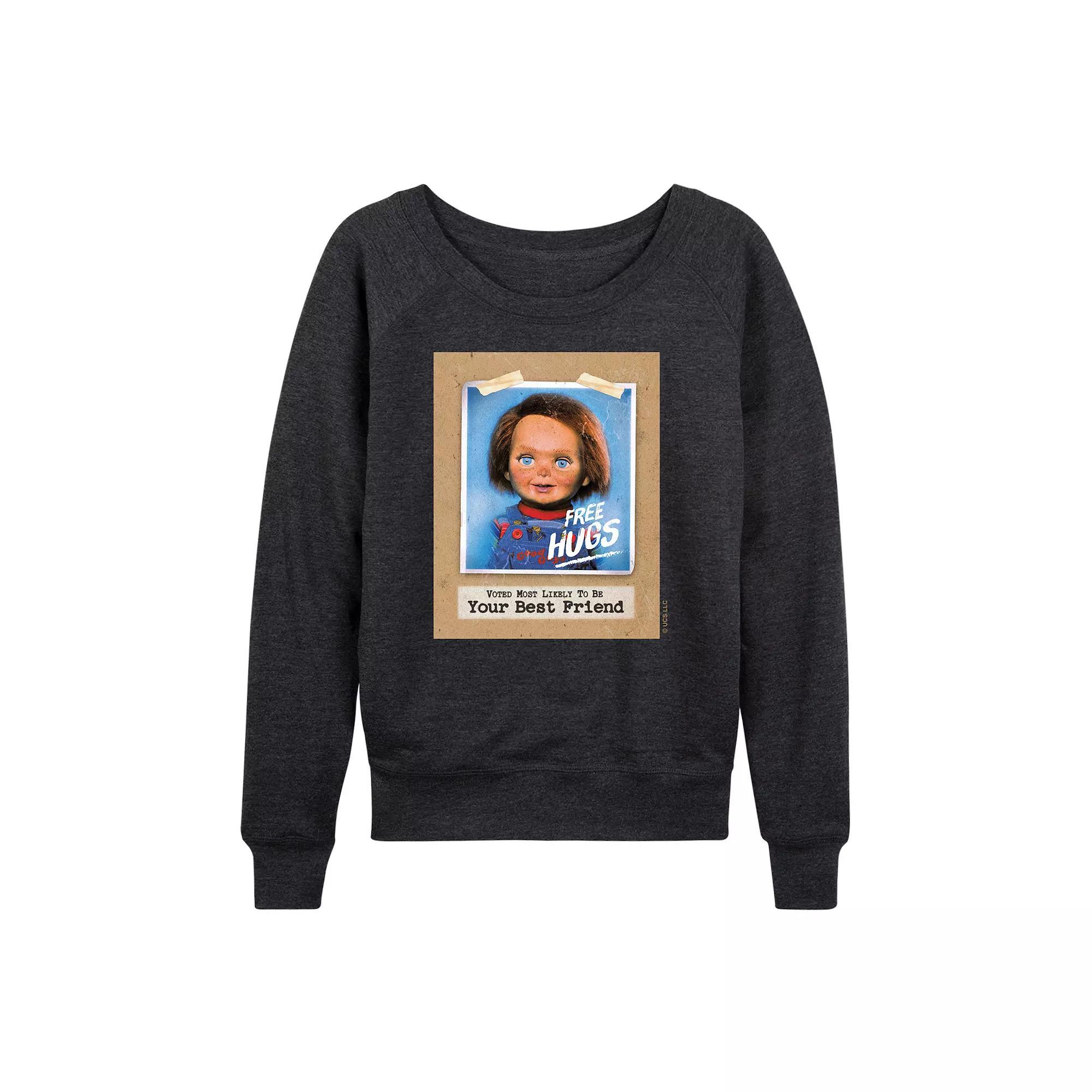 Womens Chucky Free Hugs French Terry Long Sleeve Tee Heather Grey Product Image