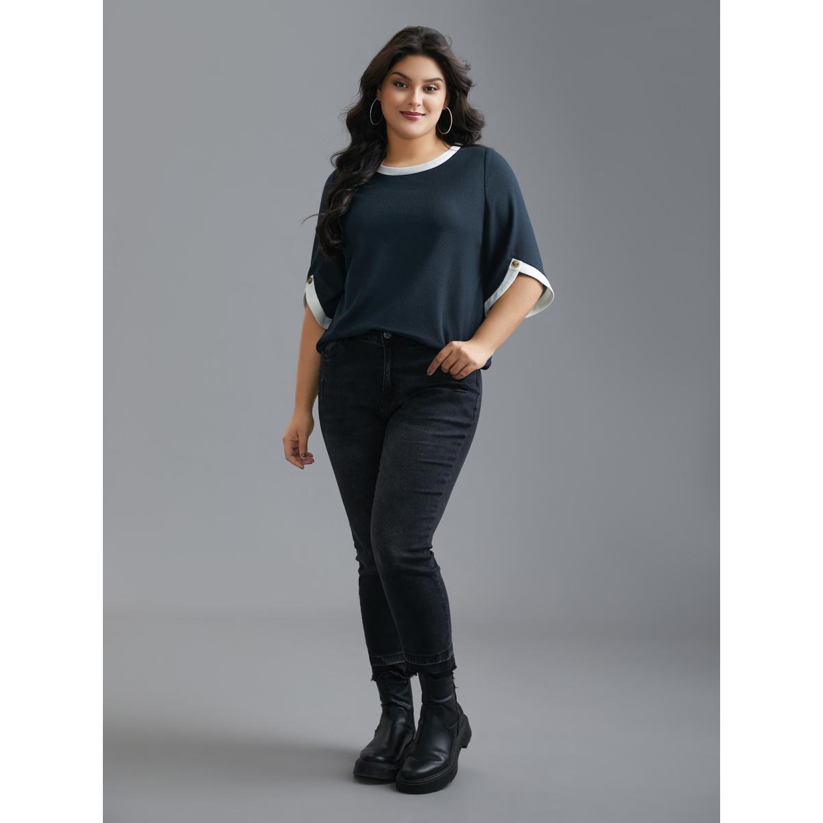 Plus Size Color Contrast Waffle Knit Bell Sleeve T-Shirt Indigo Women Casual Texture Round Neck Everyday T-shirts BloomChic 26/4X Product Image