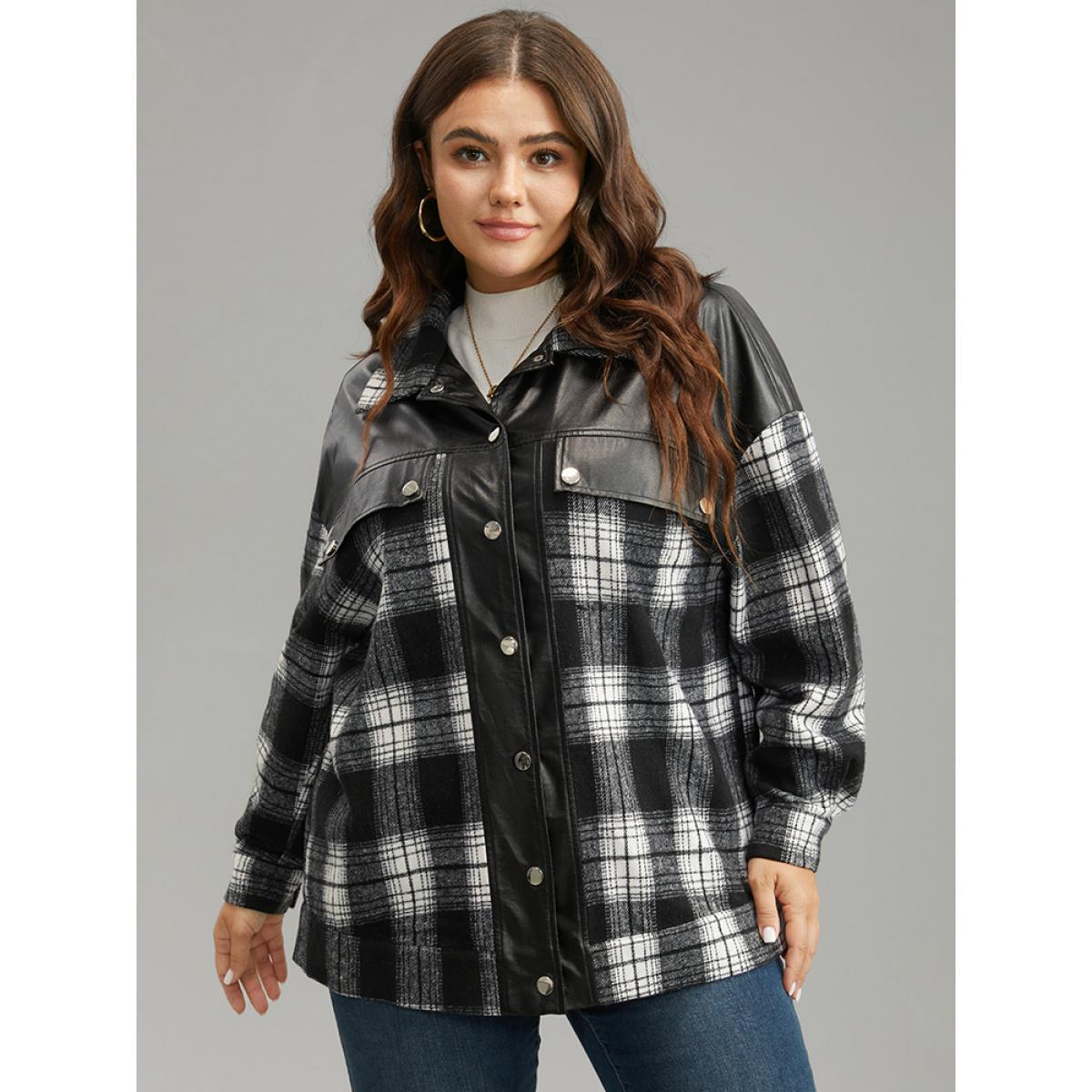 Plus Size Plaid Patchwork Contrast Button Up Shacket Women Black Contrast Pocket Dailywear Jackets BloomChic 12/L Product Image