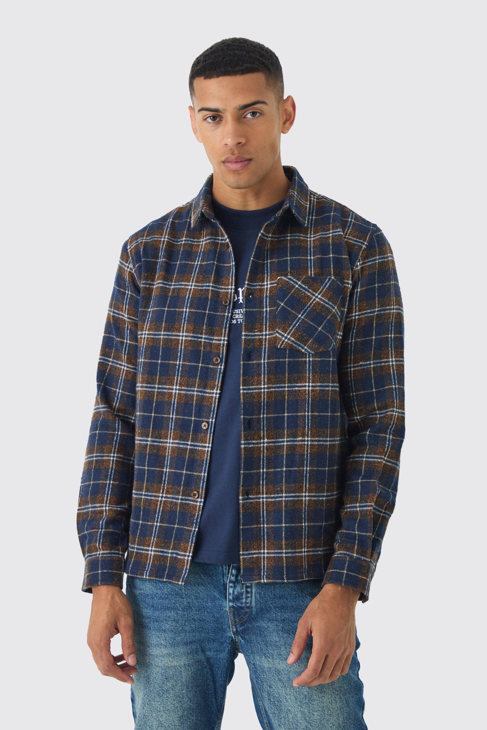 Mens Regular Fit Long Sleeve Flannel Shirt - Navy Product Image