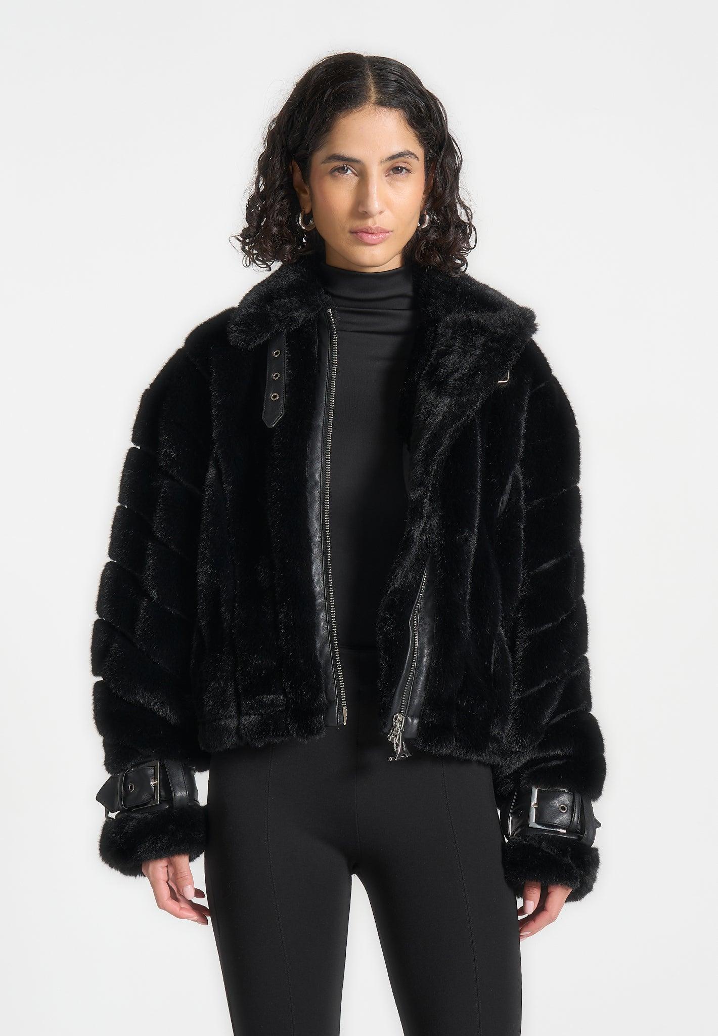 Oversized Ribbed Plush Jacket With Lapel - Black Female Product Image