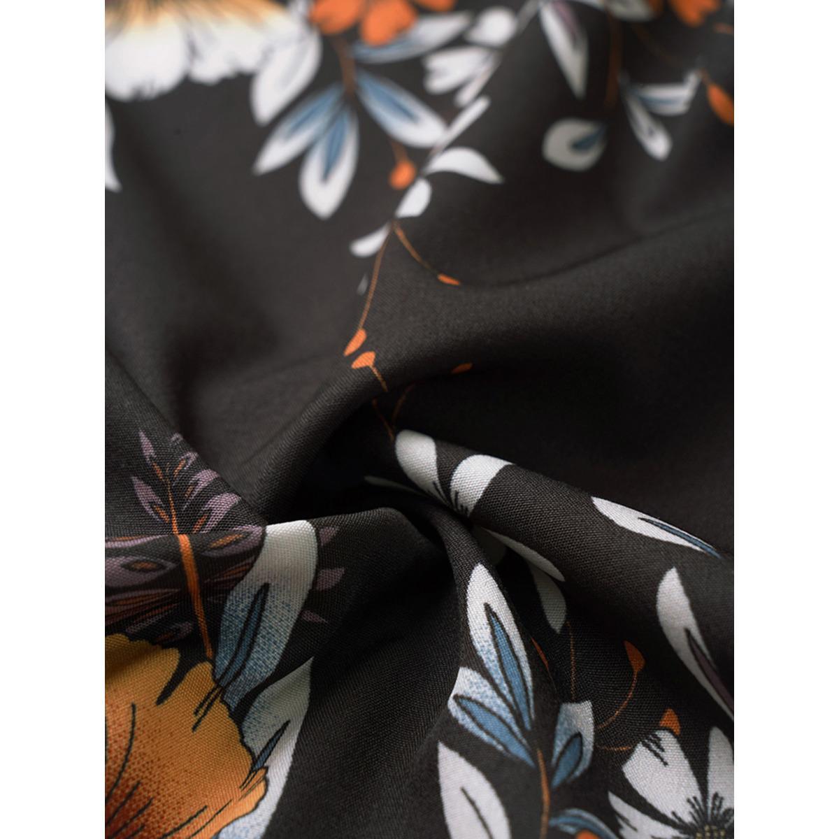 Plus Size Black Boho Print V Neck Button Detail Gathered Blouse Women Vacation Elbow-length sleeve V-neck Vacation Blouses BloomChic 28/5X Product Image