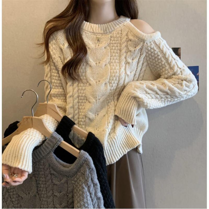 Cold-Shoulder Plain Cable-Knit Sweater Product Image