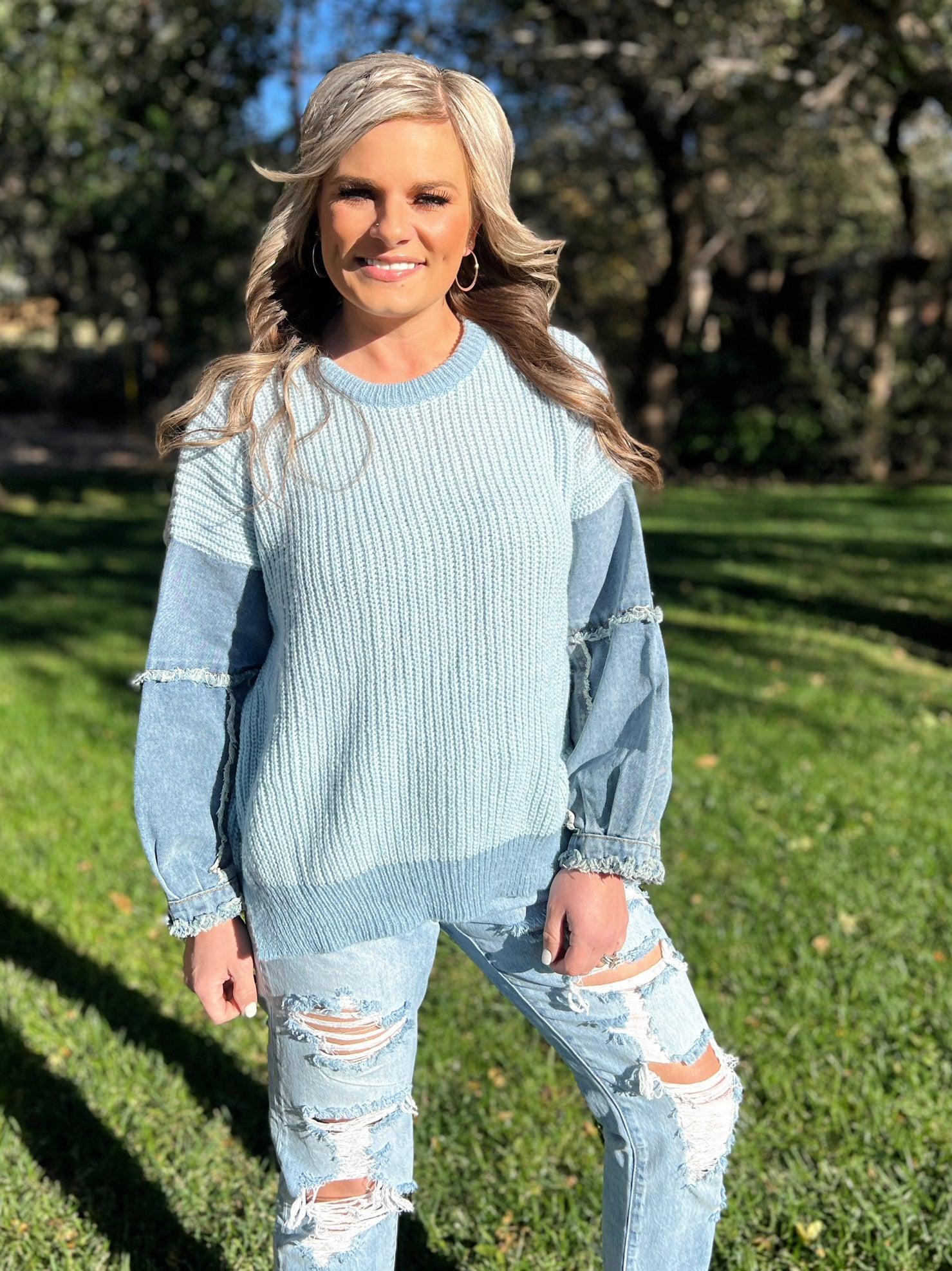 Frayed Denim Sleeve Sweater Top - 4 Color Options* Product Image