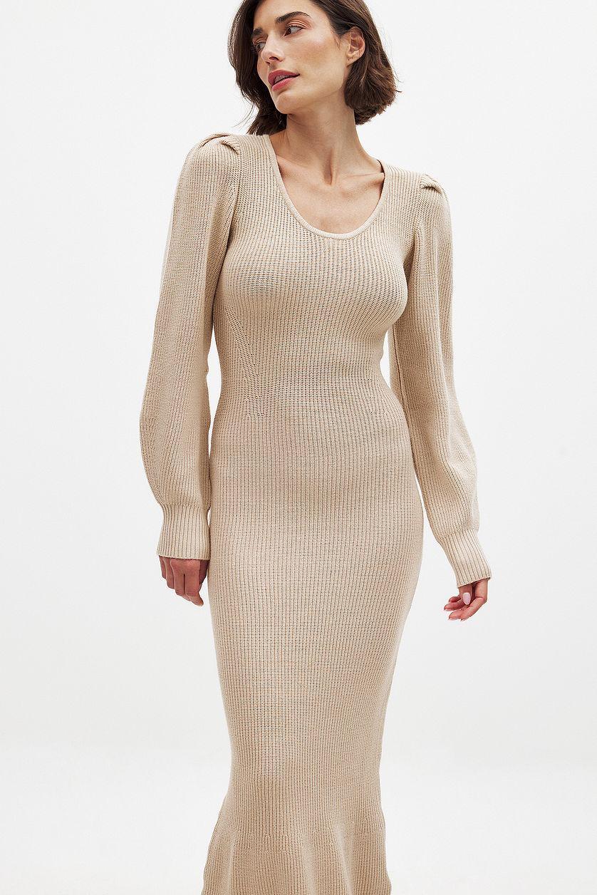 Knitted Scoop Neck Puff Sleeve Dress Product Image
