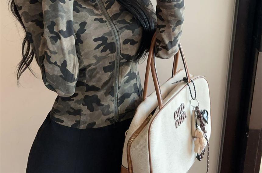 Long Sleeve V-Neck Camouflage Print Crop Top Product Image