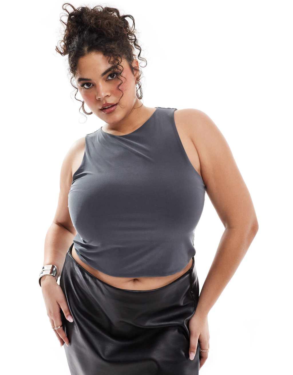 ASOS DESIGN Curve double layer slinky crop top in charcoal Product Image