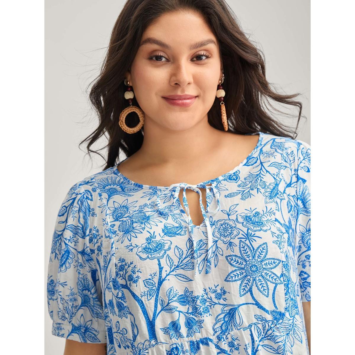 Plus Size Skyblue Silhouette Flower Print Neck Tie Blouse Women Short sleeve Notched collar Vacation Blouses BloomChic 10/M Product Image