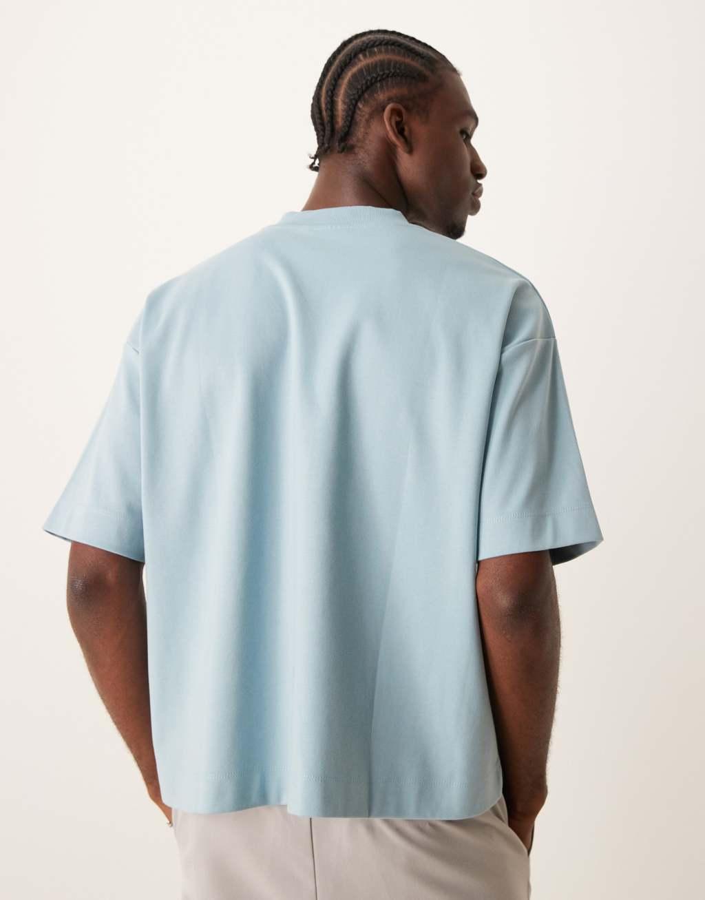 ASOS DESIGN boxy oversized t-shirt in premium heavyweight cut and sew blue with chest print Product Image