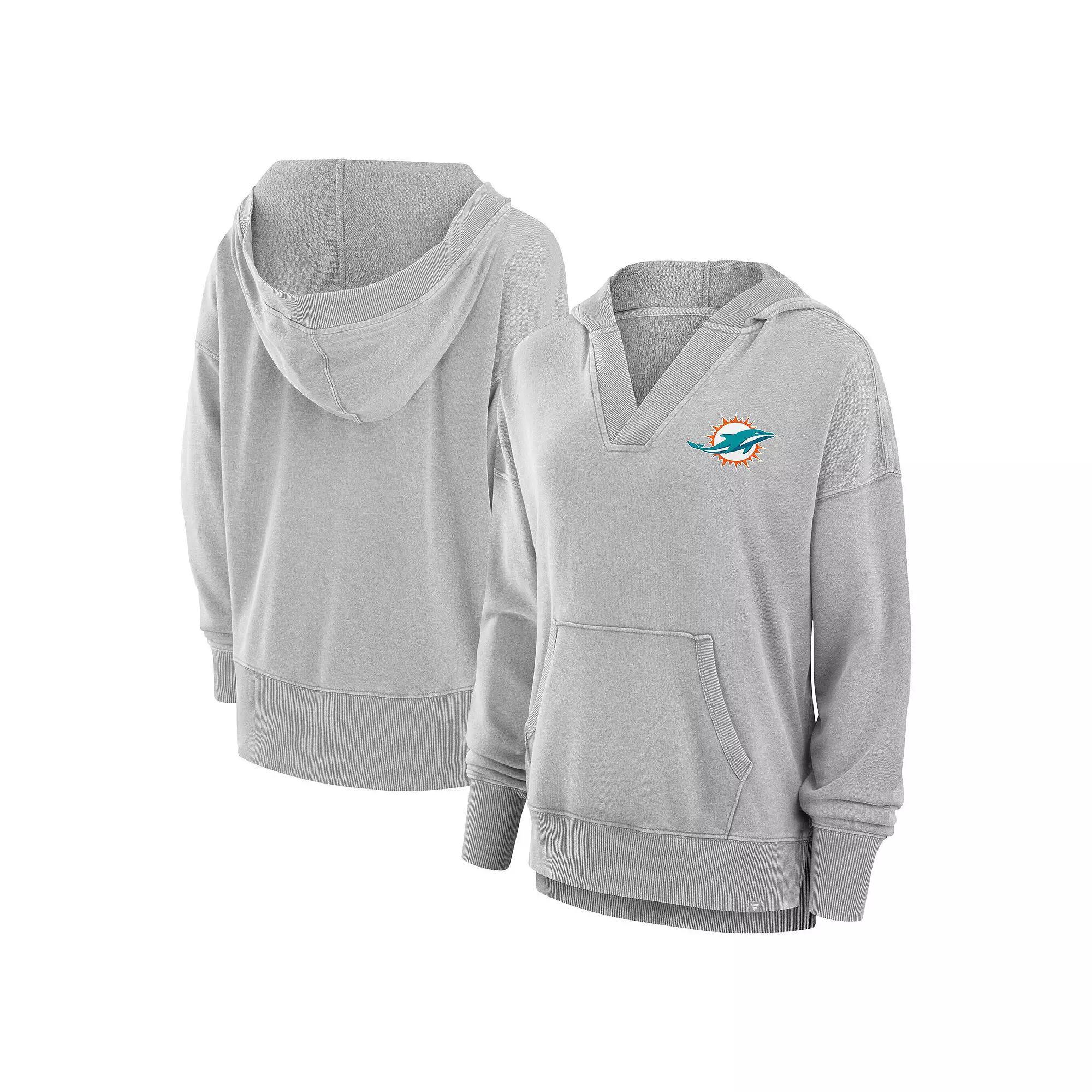 Women's Fanatics  Heather Gray Miami Dolphins Initiative Snow Wash French Terry V-Neck Pullover Hoodie, Size: XL, Grey Product Image